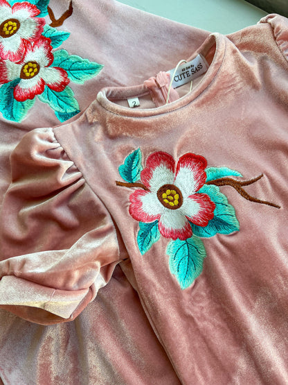 Mom and Daughter Light Pink Embroidery Velvet Ao Dai Top Only, NO PANTS