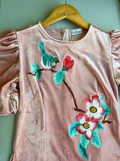 Mom and Daughter Light Pink Embroidery Velvet Ao Dai Top Only, NO PANTS