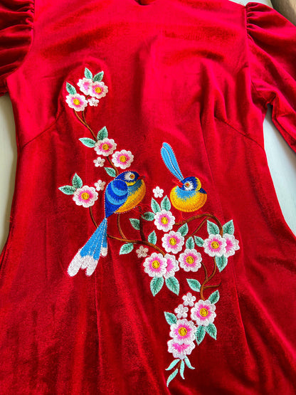 Mom and Daughter Red Velvet Embroidery Ao Dai Top Only, NO PANTS
