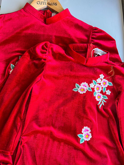 Mom and Daughter Red Velvet Embroidery Ao Dai Top Only, NO PANTS