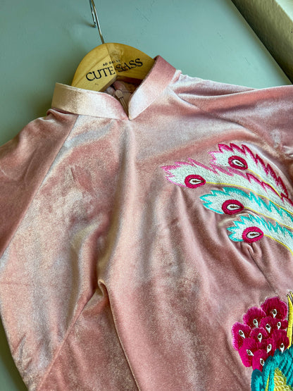 Light Pink Embroidery Velvet Ao Dai Top Only, NO PANTS