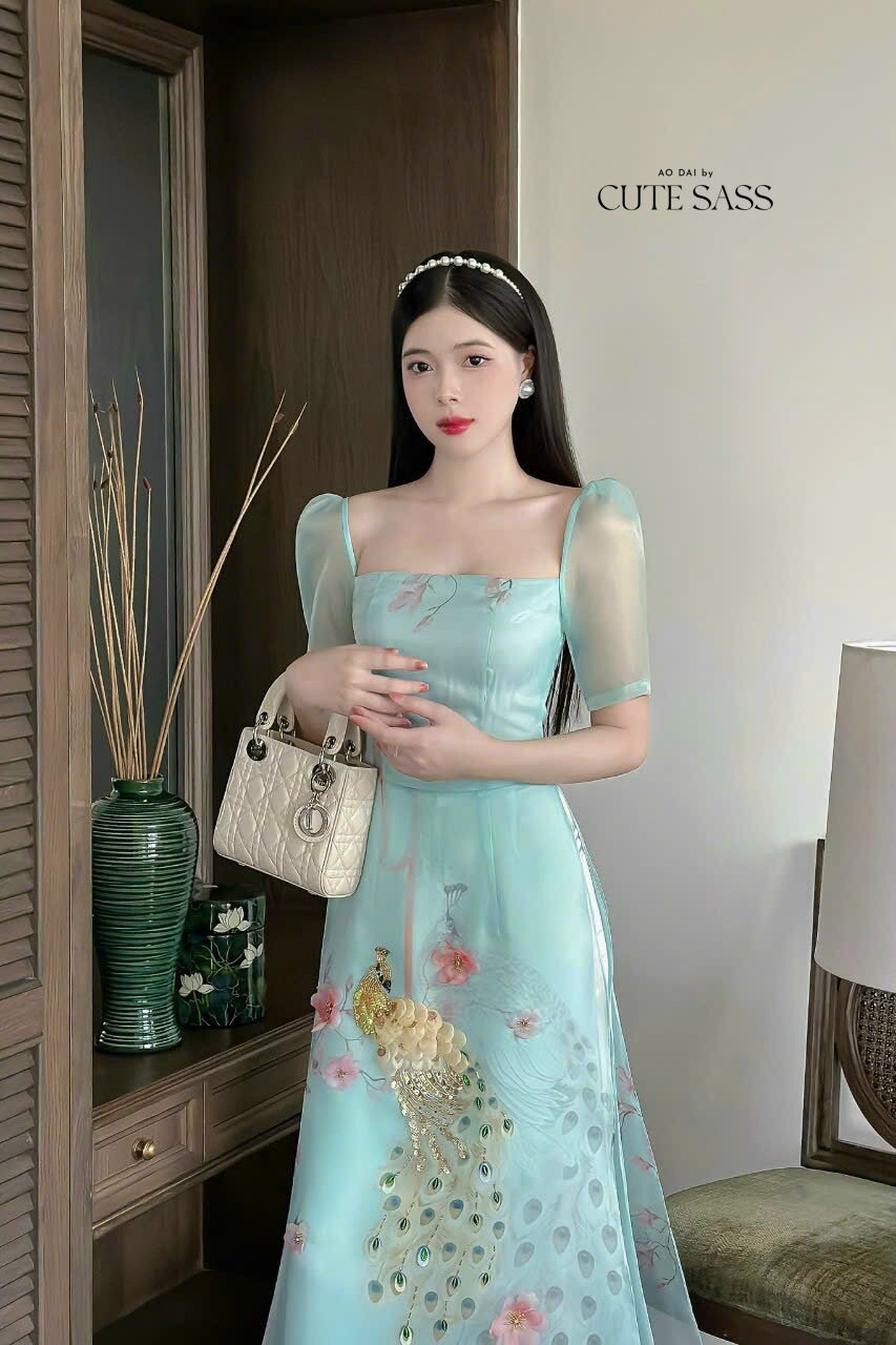 Blue Square Neckline Sparkle Ao Dai Set | Pre-made Modernized Vietnamese Ao Dai | Ao Dai Viet Nam | Lunar New Year | Ao Dai Cach Tan|A3