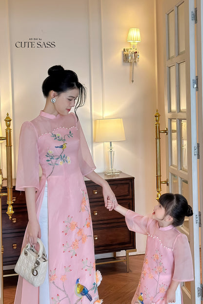 Mom and Daughter Light Pink Pearls Ao Dai Set| Pre-made Traditional Vietnamese Ao Dai | Lunar New Year | Ao Dai for Girl, Mom|M2