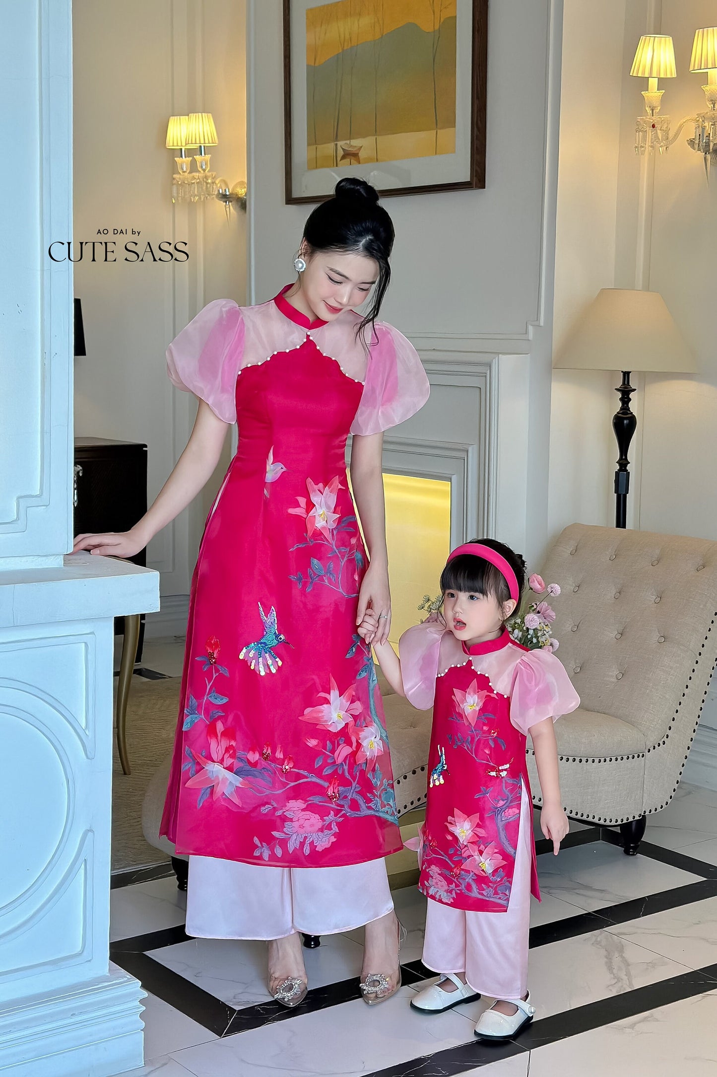 Mom and Daughter Hot Pink Pearls Ao Dai Set| Pre-made Traditional Vietnamese Ao Dai | Lunar New Year | Ao Dai for Girl, Mom|