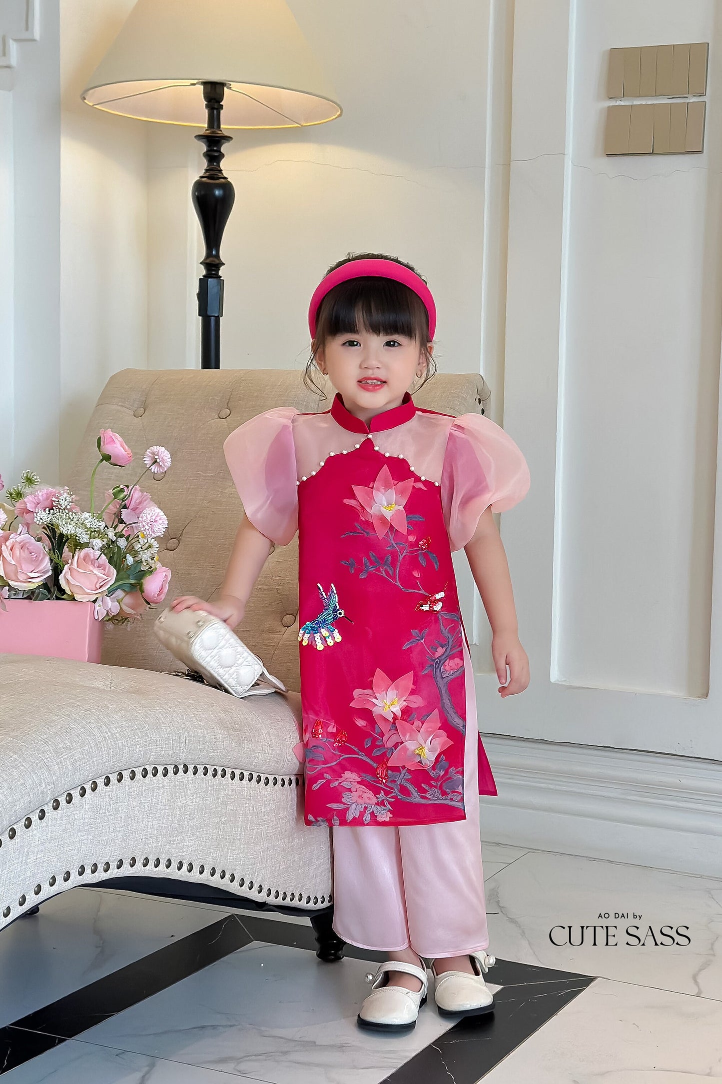 Mom and Daughter Hot Pink Pearls Ao Dai Set| Pre-made Traditional Vietnamese Ao Dai | Lunar New Year | Ao Dai for Girl, Mom|