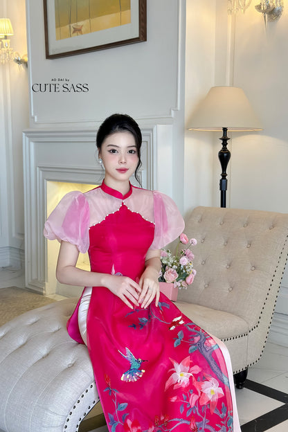 Mom and Daughter Hot Pink Pearls Ao Dai Set| Pre-made Traditional Vietnamese Ao Dai | Lunar New Year | Ao Dai for Girl, Mom|