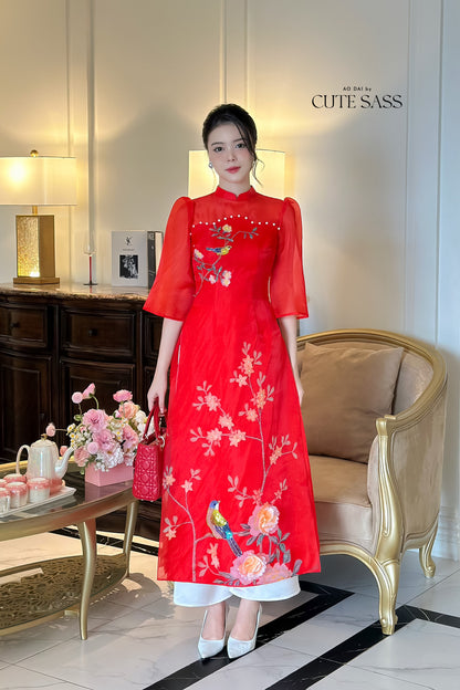 Mom and Daughter Red Pearls Ao Dai Set| Pre-made Traditional Vietnamese Ao Dai | Lunar New Year | Ao Dai for Girl, Mom|