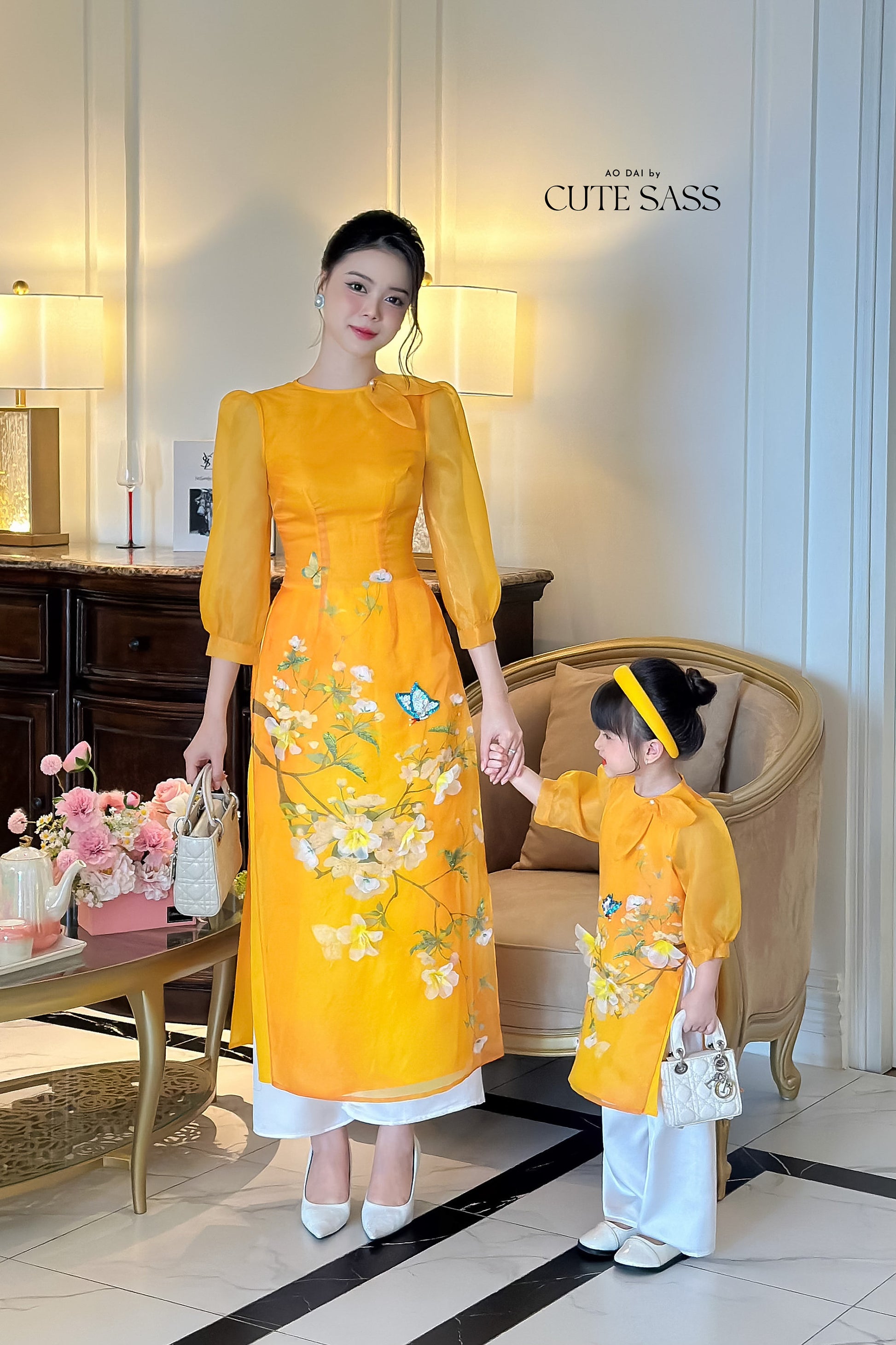 Mom and Daughter Yellow Bow Ao Dai Set| Pre-made Traditional Vietnamese Ao Dai | Lunar New Year | Ao Dai for Girl, Mom|