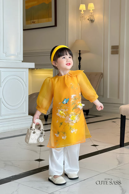 Mom and Daughter Yellow Bow Ao Dai Set| Pre-made Traditional Vietnamese Ao Dai | Lunar New Year | Ao Dai for Girl, Mom|