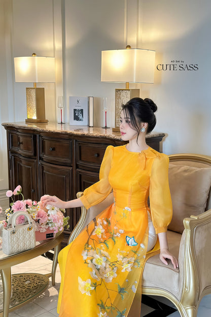 Mom and Daughter Yellow Bow Ao Dai Set| Pre-made Traditional Vietnamese Ao Dai | Lunar New Year | Ao Dai for Girl, Mom|