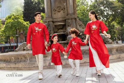 Family Red Ribbon Ao Dai Set (No Headband)| Pre-made Vietnamese Ao Dai| Lunar New Year | Ao Dai for Girl, Mom, Dad, Boy | Ao Dai Tet|