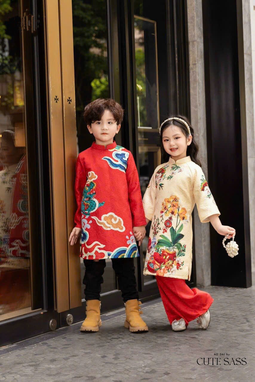 Sibling Printed Gam Ao Dai Set | Pre-made Traditional Vietnamese Ao Dai | Lunar New Year | Ao Dai for Girl, Boy | Pre-made Kid Ao Dai|G4