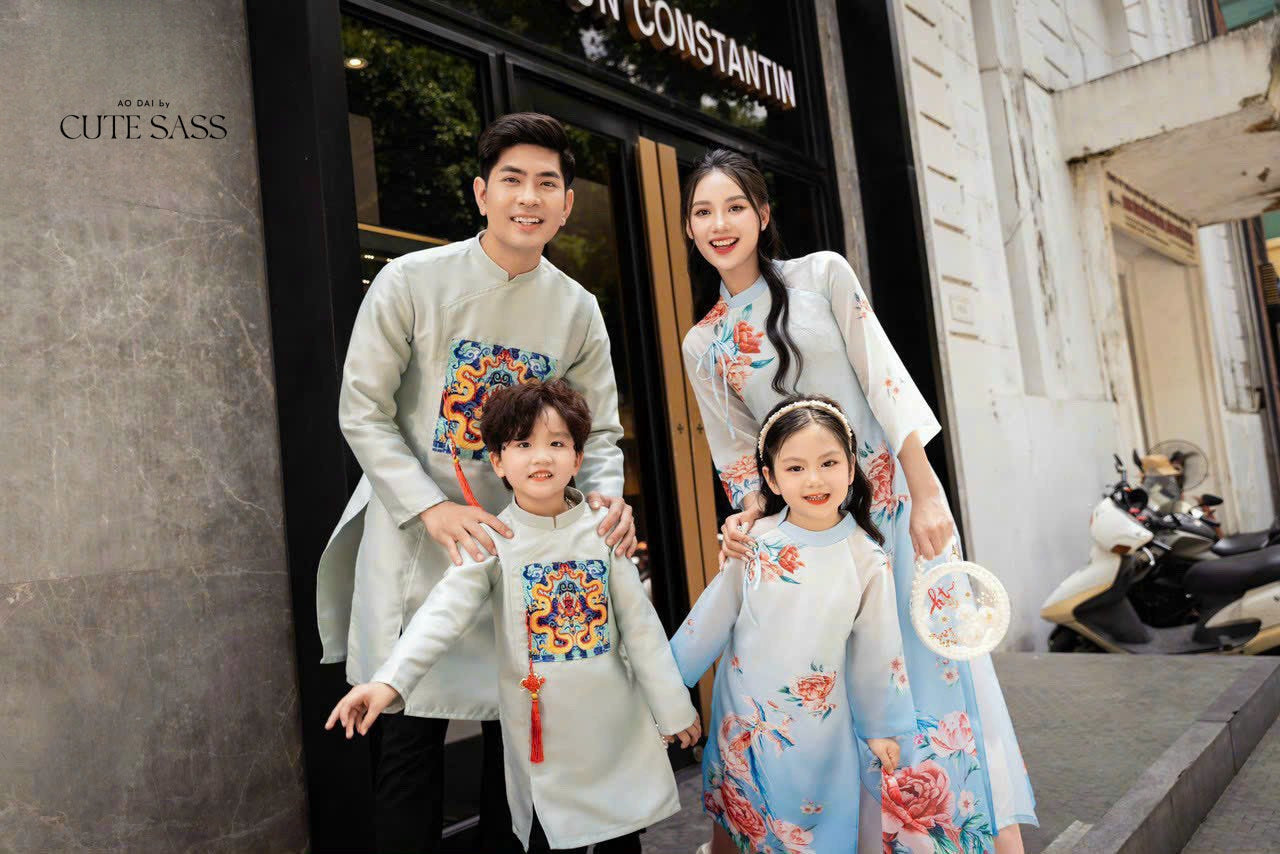 Family Printed Blue Ao Dai Set | Pre-made Vietnamese Ao Dai| Lunar New Year | Ao Dai for Girl, Mom, Dad, Boy | Ao Dai Tet|