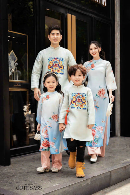 Family Printed Blue Ao Dai Set | Pre-made Vietnamese Ao Dai| Lunar New Year | Ao Dai for Girl, Mom, Dad, Boy | Ao Dai Tet|