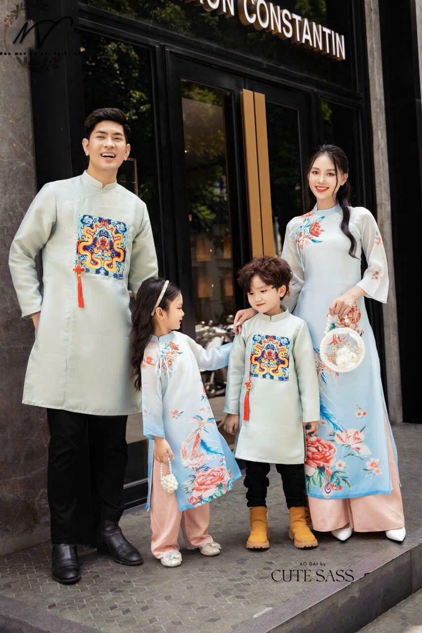 Family Printed Blue Ao Dai Set | Pre-made Vietnamese Ao Dai| Lunar New Year | Ao Dai for Girl, Mom, Dad, Boy | Ao Dai Tet|