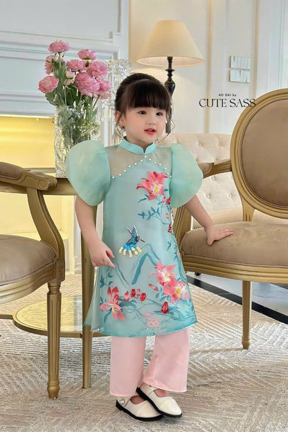 Mom and Daughter Blue Pearls Ao Dai Set| Pre-made Traditional Vietnamese Ao Dai | Lunar New Year | Ao Dai for Girl, Mom|