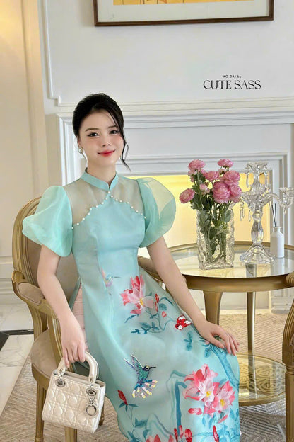 Mom and Daughter Blue Pearls Ao Dai Set| Pre-made Traditional Vietnamese Ao Dai | Lunar New Year | Ao Dai for Girl, Mom|