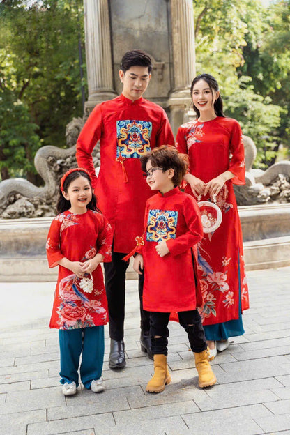 Family Printed Red Ao Dai Set | Pre-made Vietnamese Ao Dai| Lunar New Year | Ao Dai for Girl, Mom, Dad, Boy | Ao Dai Tet|M