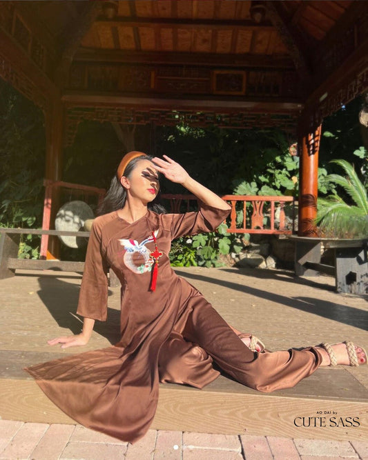 Brown Embroidery Temple Ao Dai Set