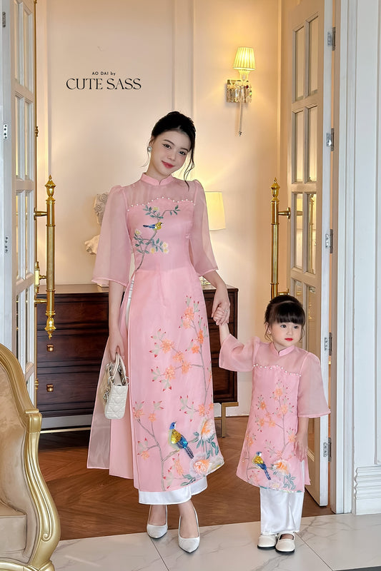 Mom and Daughter Light Pink Pearls Ao Dai Set| Pre-made Traditional Vietnamese Ao Dai | Lunar New Year | Ao Dai for Girl, Mom|M2