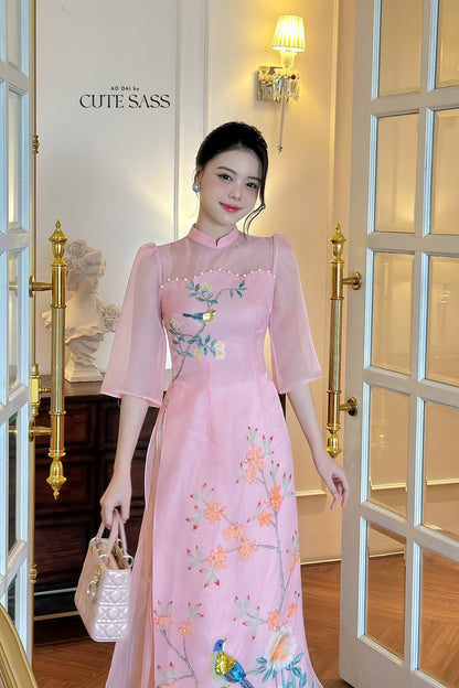Mom and Daughter Light Pink Pearls Ao Dai Set| Pre-made Traditional Vietnamese Ao Dai | Lunar New Year | Ao Dai for Girl, Mom|M2