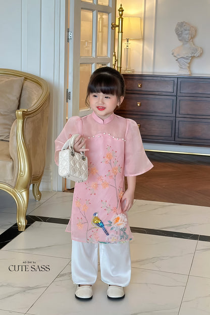 Mom and Daughter Light Pink Pearls Ao Dai Set| Pre-made Traditional Vietnamese Ao Dai | Lunar New Year | Ao Dai for Girl, Mom|M2