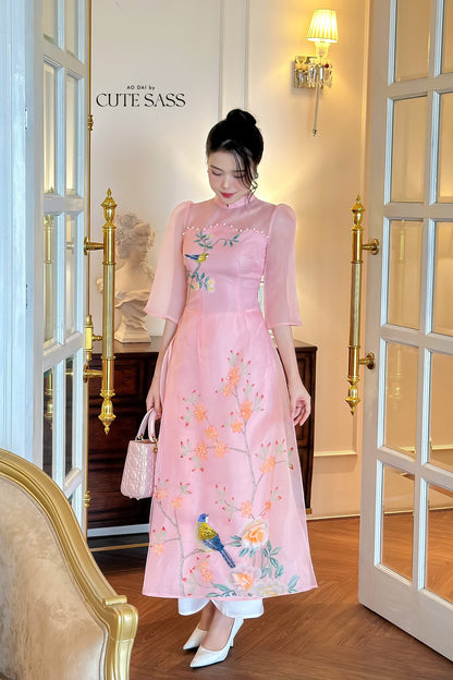 Mom and Daughter Light Pink Pearls Ao Dai Set| Pre-made Traditional Vietnamese Ao Dai | Lunar New Year | Ao Dai for Girl, Mom|M2