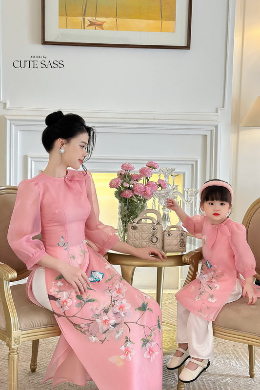 Mom and Daughter Light Pink Bow Ao Dai Set| Pre-made Traditional Vietnamese Ao Dai | Lunar New Year | Ao Dai for Girl, Mom|