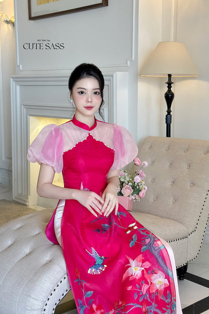 Mom and Daughter Hot Pink Pearls Ao Dai Set| Pre-made Traditional Vietnamese Ao Dai | Lunar New Year | Ao Dai for Girl, Mom|