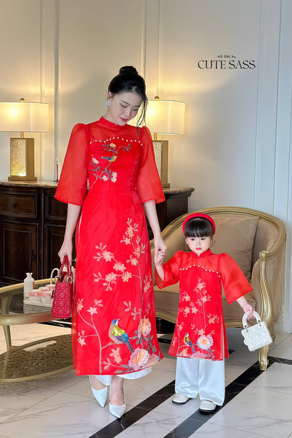 Mom and Daughter Red Pearls Ao Dai Set| Pre-made Traditional Vietnamese Ao Dai | Lunar New Year | Ao Dai for Girl, Mom|