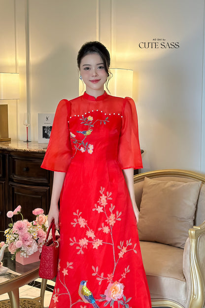 Mom and Daughter Red Pearls Ao Dai Set| Pre-made Traditional Vietnamese Ao Dai | Lunar New Year | Ao Dai for Girl, Mom|