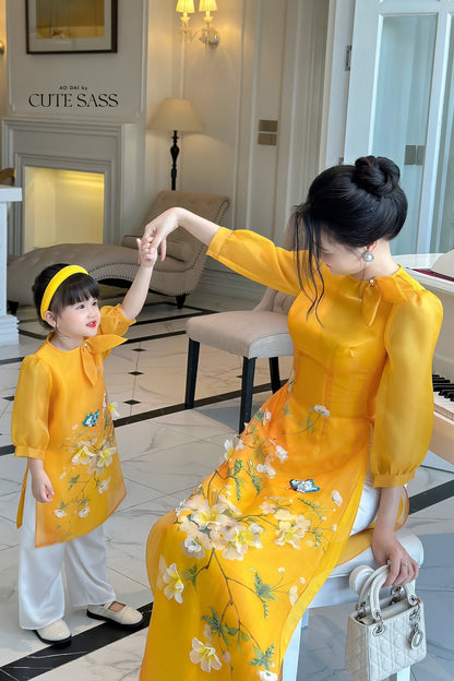 Mom and Daughter Yellow Bow Ao Dai Set| Pre-made Traditional Vietnamese Ao Dai | Lunar New Year | Ao Dai for Girl, Mom|