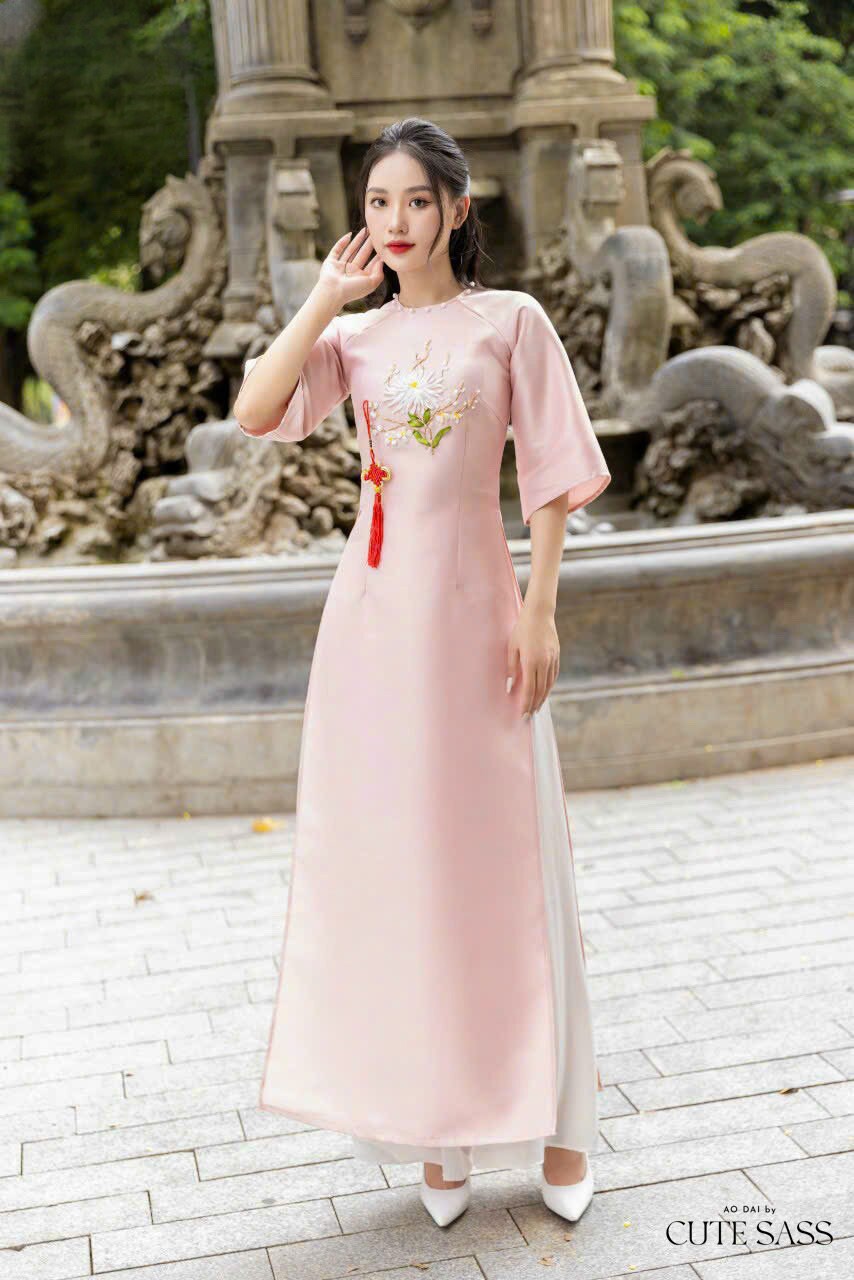 Family White/Pink Ribbon Ao Dai Set| Pre-made Traditional Vietnamese Ao Dai| Lunar New Year | Ao Dai for Girl, Mom, Dad, Boy | Ao Dai Tet|