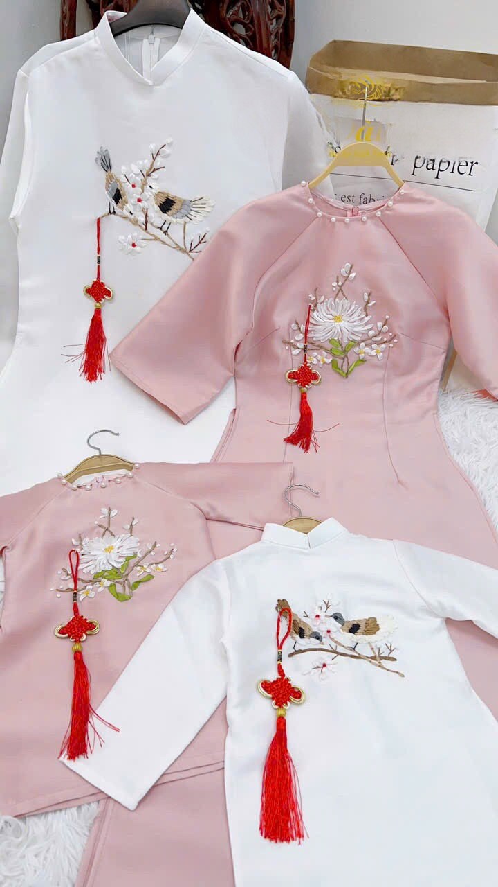 Family White/Pink Ribbon Ao Dai Set| Pre-made Traditional Vietnamese Ao Dai| Lunar New Year | Ao Dai for Girl, Mom, Dad, Boy | Ao Dai Tet|