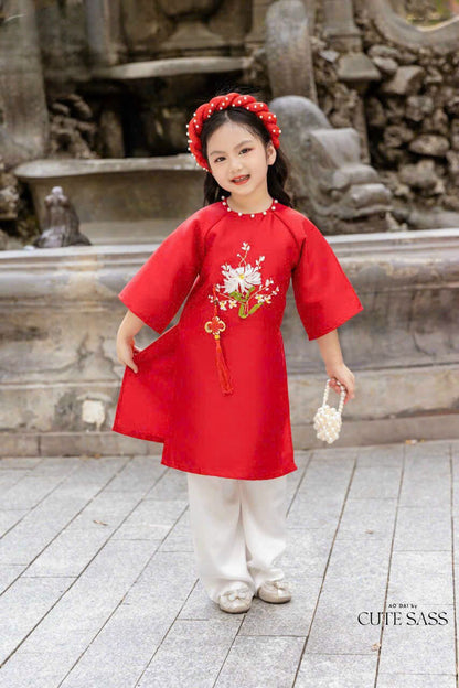 Family Red Ribbon Ao Dai Set (No Headband)| Pre-made Vietnamese Ao Dai| Lunar New Year | Ao Dai for Girl, Mom, Dad, Boy | Ao Dai Tet|