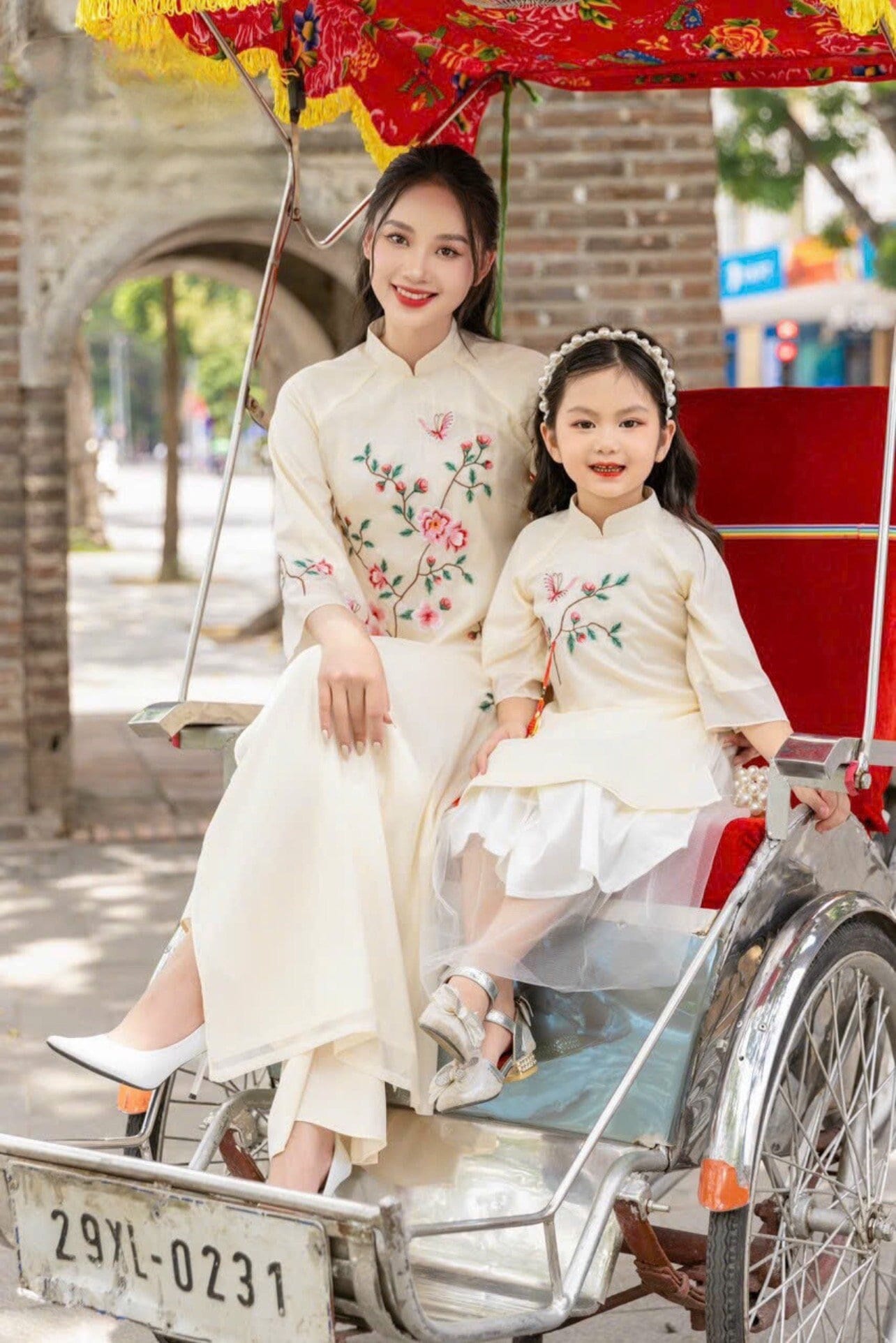Mom and Daughter Embroidery Ao Dai Set