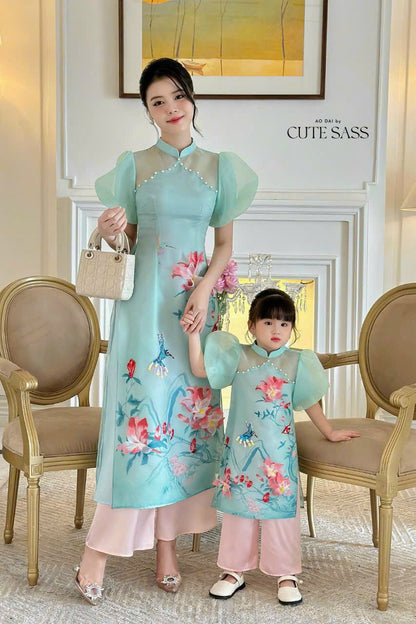 Mom and Daughter Blue Pearls Ao Dai Set 32C| Pre-made Traditional Vietnamese Ao Dai | Lunar New Year | Ao Dai for Girl, Mom|
