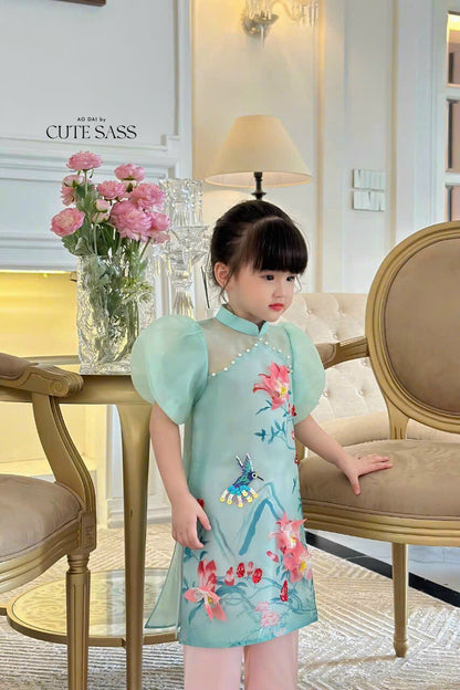 Mom and Daughter Blue Pearls Ao Dai Set| Pre-made Traditional Vietnamese Ao Dai | Lunar New Year | Ao Dai for Girl, Mom|