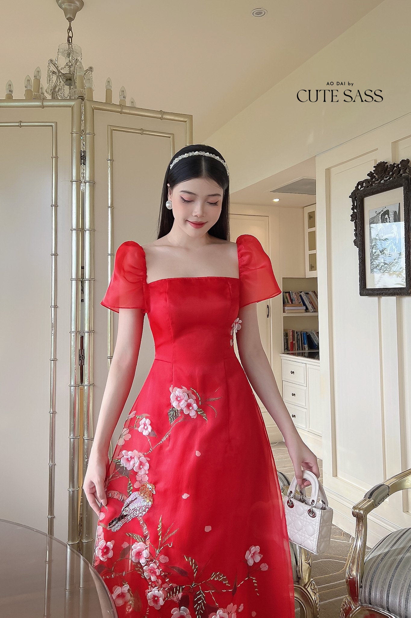 Red Square Neckline Sparkle Ao Dai Set | Pre-made Modernized Vietnamese Ao Dai | Ao Dai Viet Nam | Lunar New Year | Ao Dai Cach Tan|