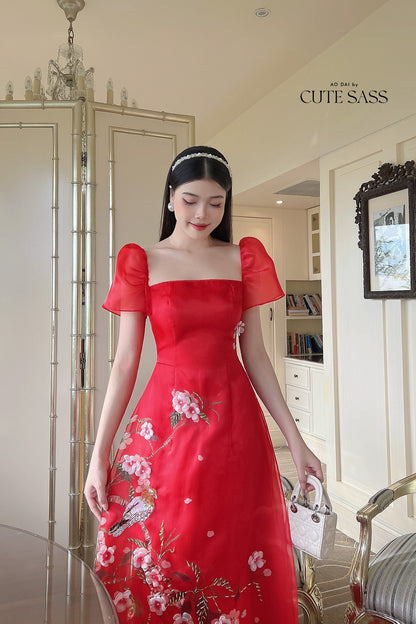 Red Square Neckline Sparkle Ao Dai Set | Pre-made Modernized Vietnamese Ao Dai | Ao Dai Viet Nam | Lunar New Year | Ao Dai Cach Tan|