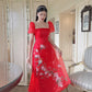 Red Square Neckline Sparkle Ao Dai Set | Pre-made Modernized Vietnamese Ao Dai | Ao Dai Viet Nam | Lunar New Year | Ao Dai Cach Tan|