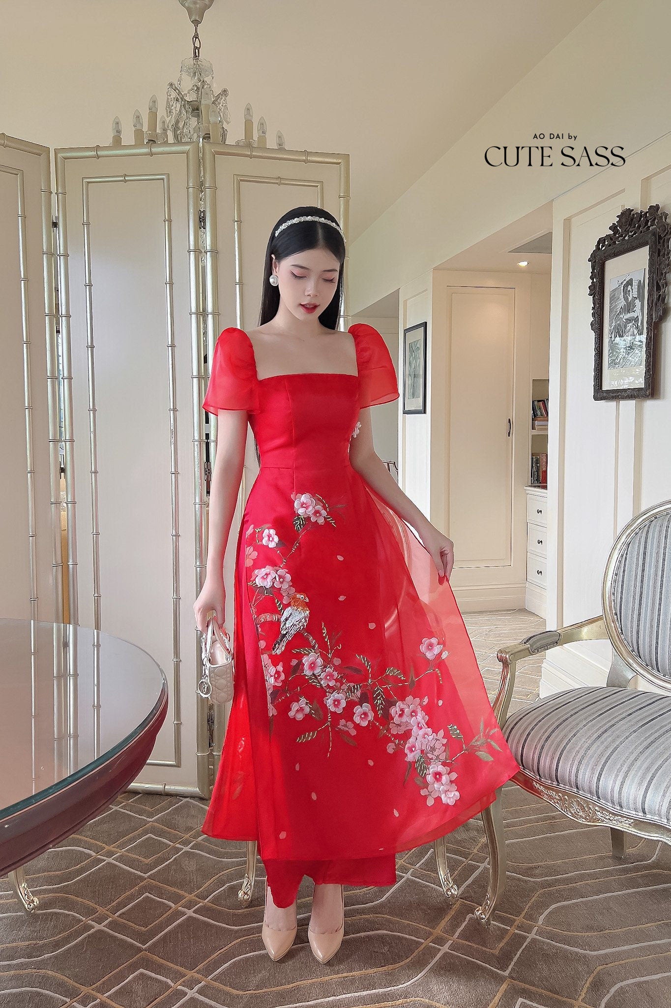 Red Square Neckline Sparkle Ao Dai Set | Pre-made Modernized Vietnamese Ao Dai | Ao Dai Viet Nam | Lunar New Year | Ao Dai Cach Tan|