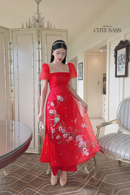 Red Square Neckline Sparkle Ao Dai Set | Pre-made Modernized Vietnamese Ao Dai | Ao Dai Viet Nam | Lunar New Year | Ao Dai Cach Tan|