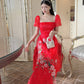 Red Square Neckline Sparkle Ao Dai Set | Pre-made Modernized Vietnamese Ao Dai | Ao Dai Viet Nam | Lunar New Year | Ao Dai Cach Tan|
