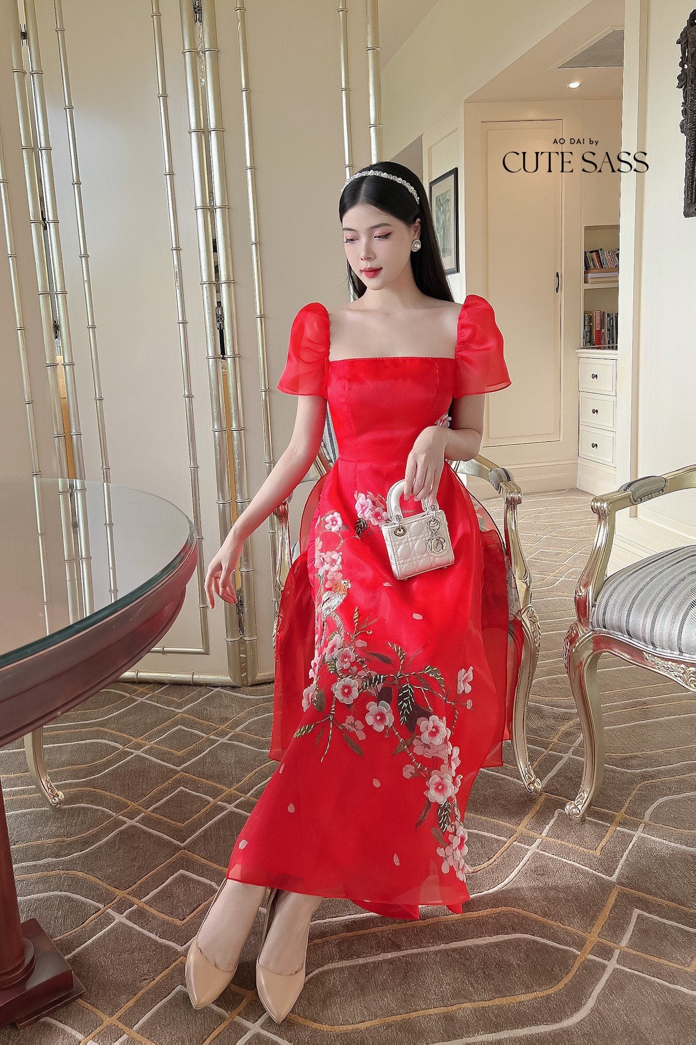 Red Square Neckline Sparkle Ao Dai Set | Pre-made Modernized Vietnamese Ao Dai | Ao Dai Viet Nam | Lunar New Year | Ao Dai Cach Tan|