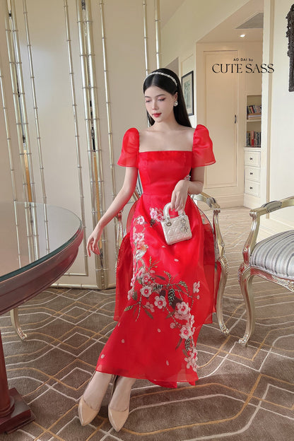Red Square Neckline Sparkle Ao Dai Set | Pre-made Modernized Vietnamese Ao Dai | Ao Dai Viet Nam | Lunar New Year | Ao Dai Cach Tan|