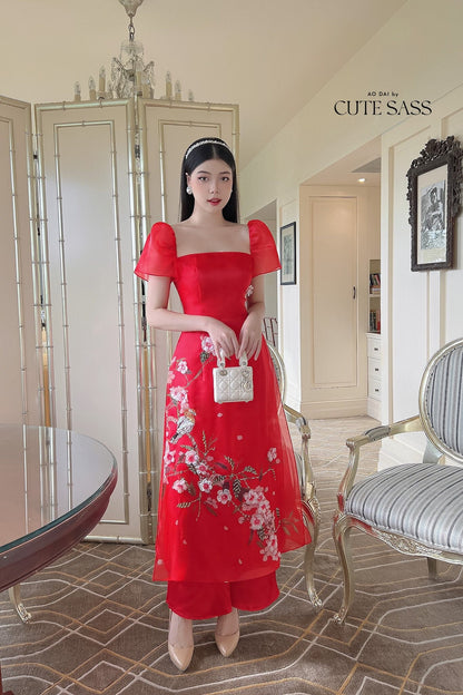 Red Square Neckline Sparkle Ao Dai Set | Pre-made Modernized Vietnamese Ao Dai | Ao Dai Viet Nam | Lunar New Year | Ao Dai Cach Tan|