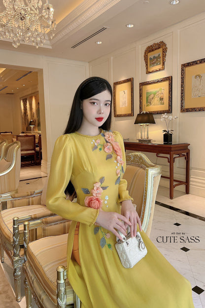 Yellow Long Sleeve Ao Dai Set | Pre-made Modernized Vietnamese Ao Dai | Ao Dai Viet Nam | Lunar New Year | Ao Dai Cach Tan|