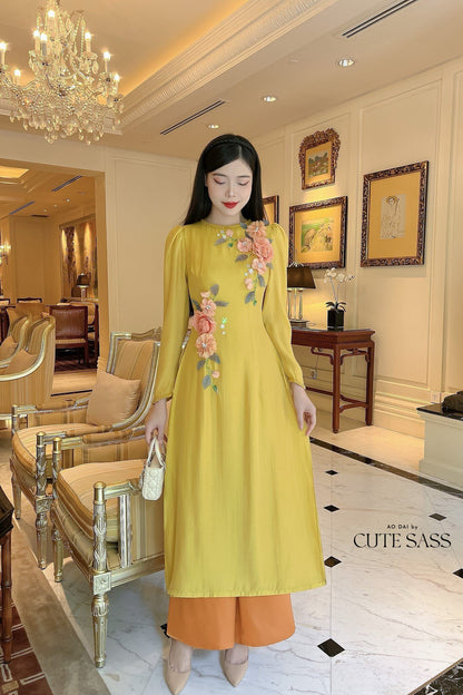 Yellow Long Sleeve Ao Dai Set | Pre-made Modernized Vietnamese Ao Dai | Ao Dai Viet Nam | Lunar New Year | Ao Dai Cach Tan|