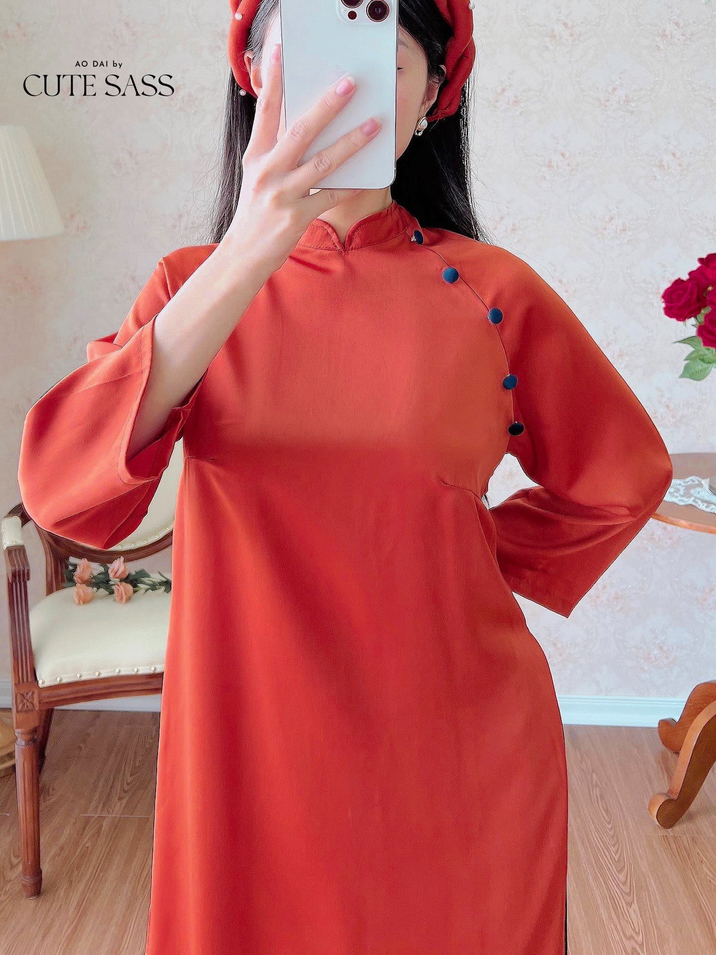 Shifted Red/Orange Ao Dai Set (No Headband) | Pre-made Vietnamese Ao Dai| Women Ao Dai with Pants | Lunar New Year| Ao Dai Truyen Thong